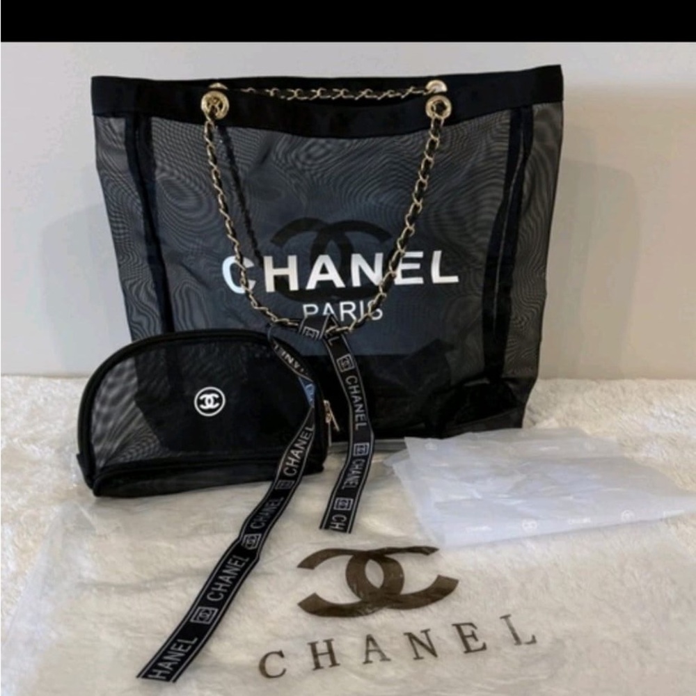 CHANEL Black Mesh Tote Bag with Chain Strap
